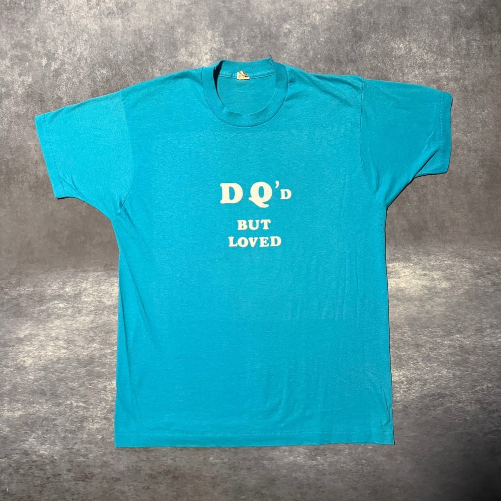 Vtg 80s Screen Stars DQD BUT LOVED T Shirt Mens XL Turquoise Single Stitch USA